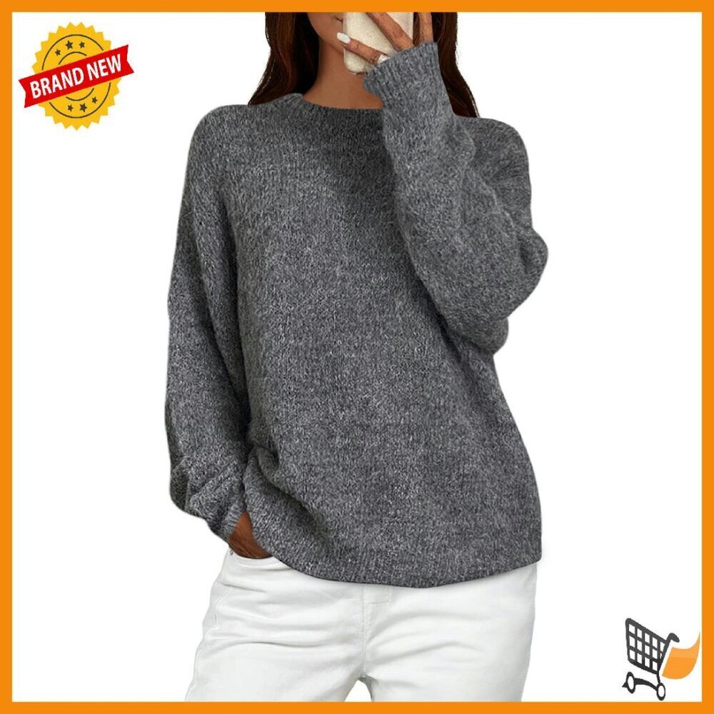 Chunky Knit Fuzzy Sweater Long Sleeve Crew Neck Loose Fit Pullover